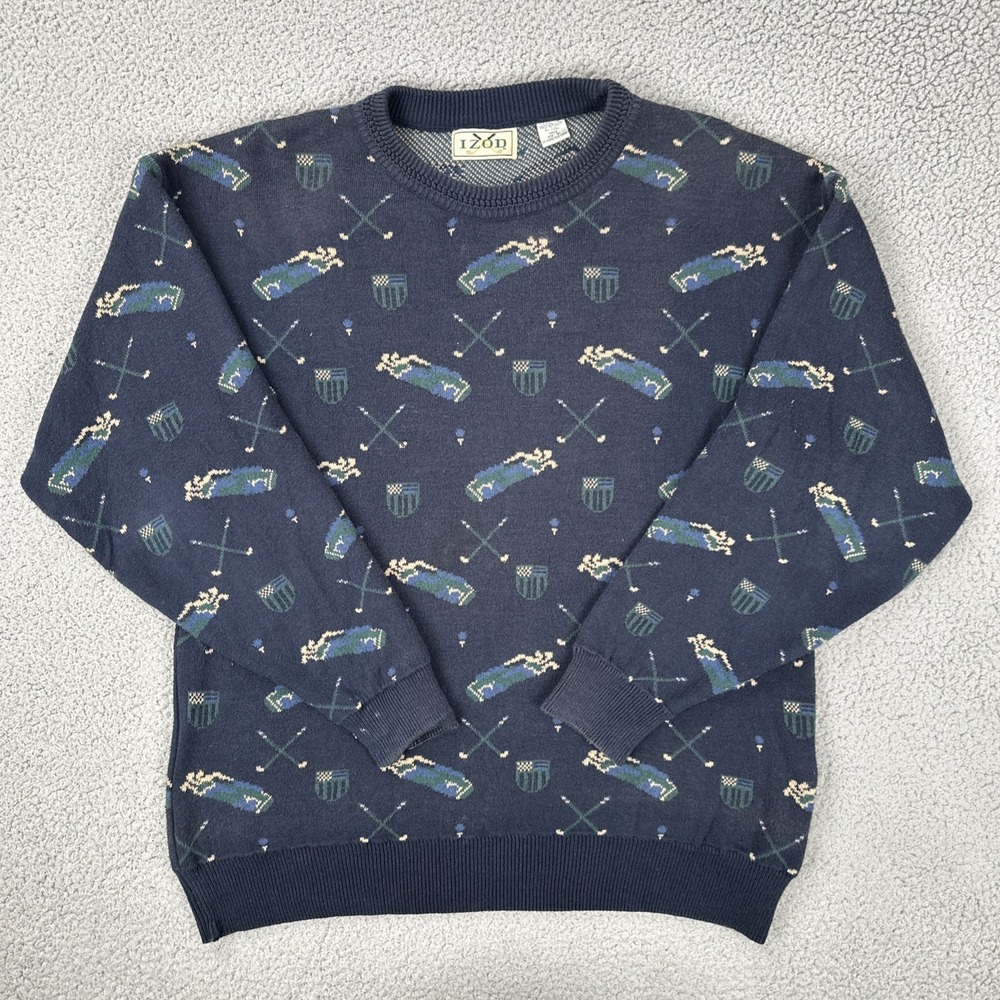 Vintage Izod Golf Sweater Men Medium Blue All Over Graphic Print Cotton